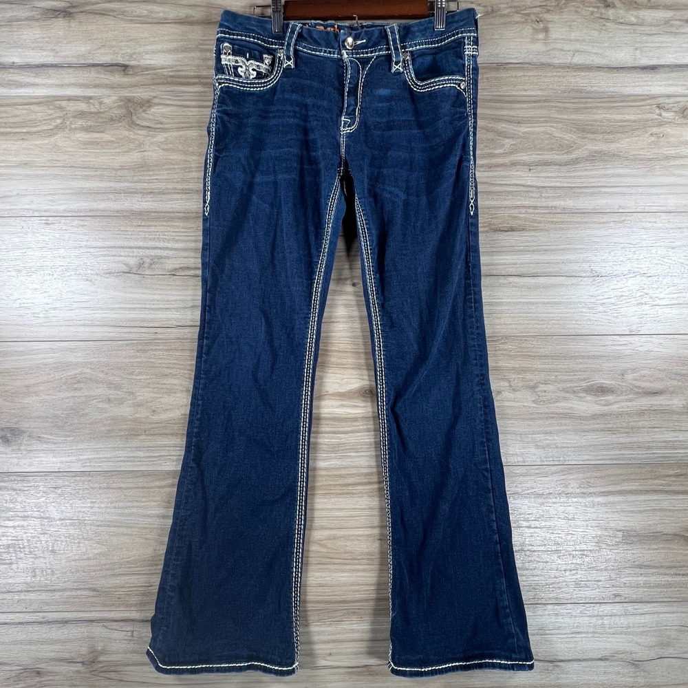 Rock Revival Janelle Bootcut Jeans Dark Wash Embellished Fleur De Lis Size 33x30